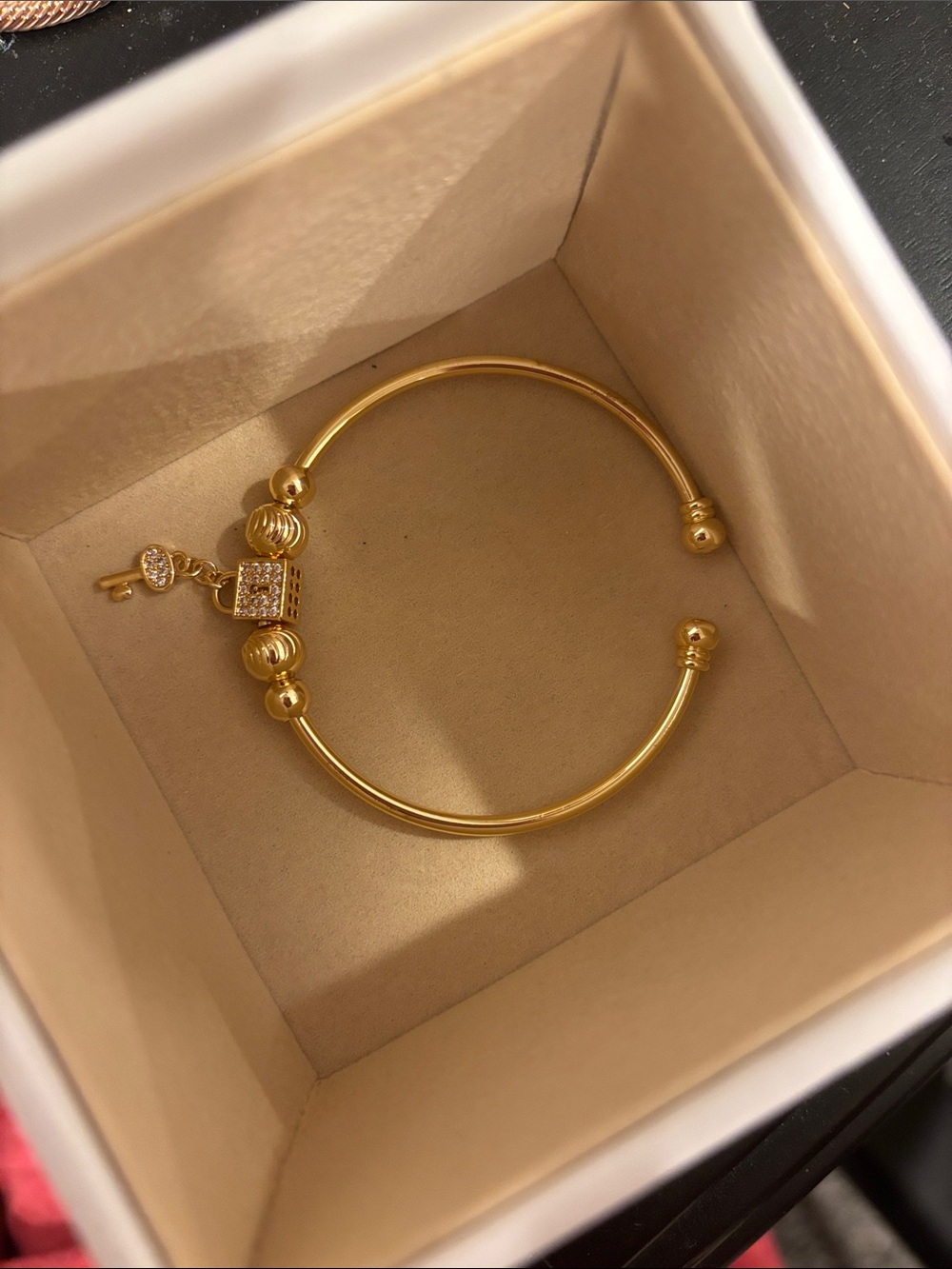 Gold Open Cuff Bracelet with Pavé Lock Charm - Women Jewelry